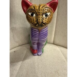 Talavera‎ Pottery Mexican Folk Art Coin Bank Sitting Black Cat Figurine 8.25"
